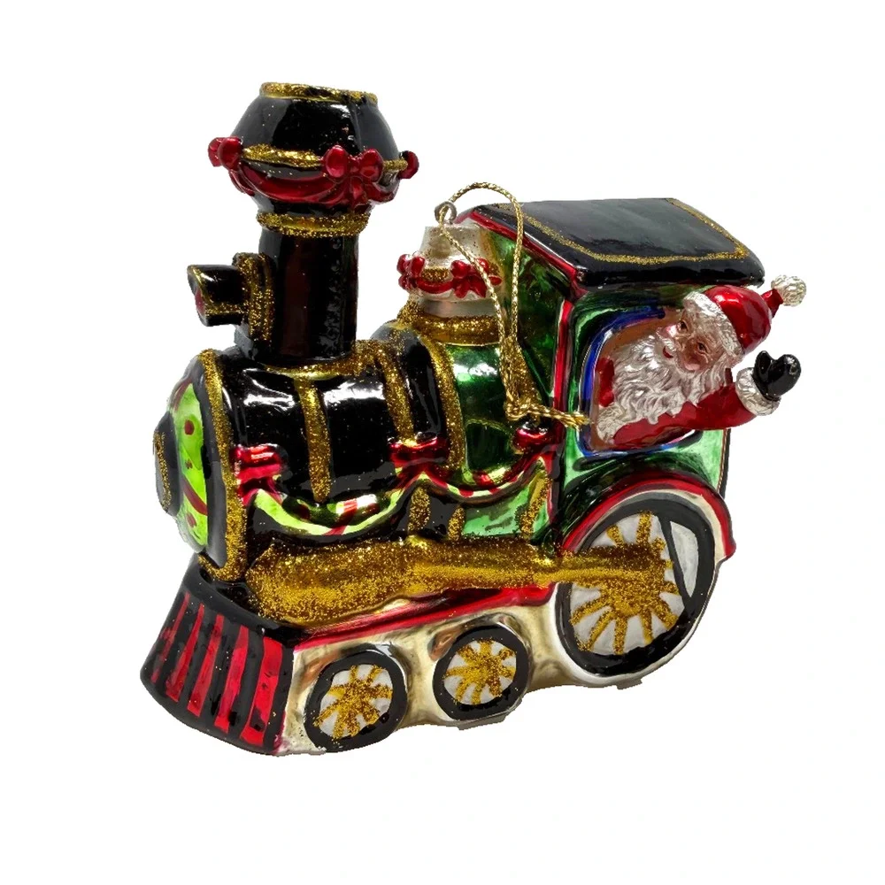 Hand Blown Glass Santa Train Christmas Ornament Holiday Decor 3.75x4